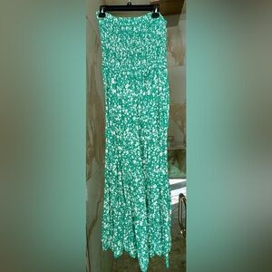 Strapless, stretchy, green and white floral maxi sundress